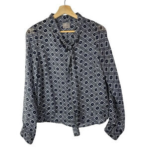 Vero Moda Navy Blue & White Floral Medallion Chiffon Long Sleeve Blouse S